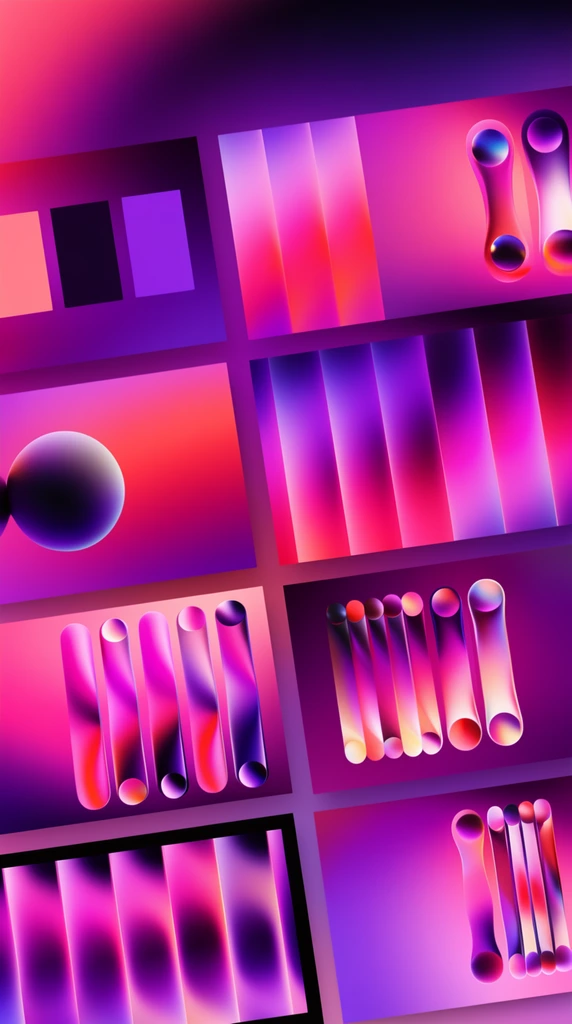scattered presentation slides, vibrant neon pink and purple gradients, abstract glowing 3D vertical motifs, color swatches, glossy spheres, sleek modern digital aesthetic, overlapping rectangular frames