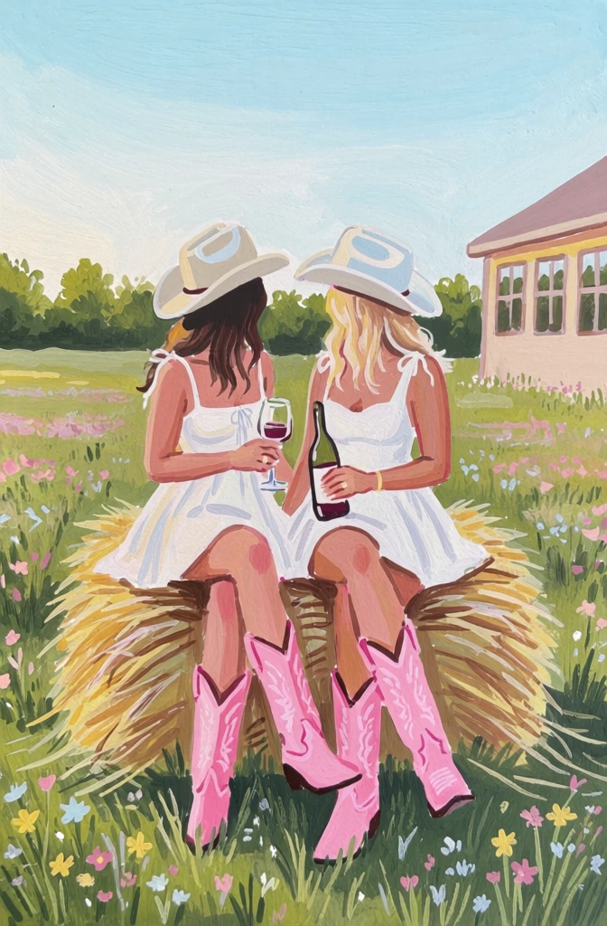 Two women in cowboy hats and pink boots drink wine while sitting on bail oh hay in a wildflower field. pastel colors, and there is plenty of natural light from outside. It looks like they are having fun and enjoying themselves. The scene feels playful and humorous, gouache, neon pink, light pink, lavender, white, blue, green, and cream tones, soft pastel color palette, soft golden hour light, You can't see the women's faces. in the style of David Hockney and Bo Bartlett