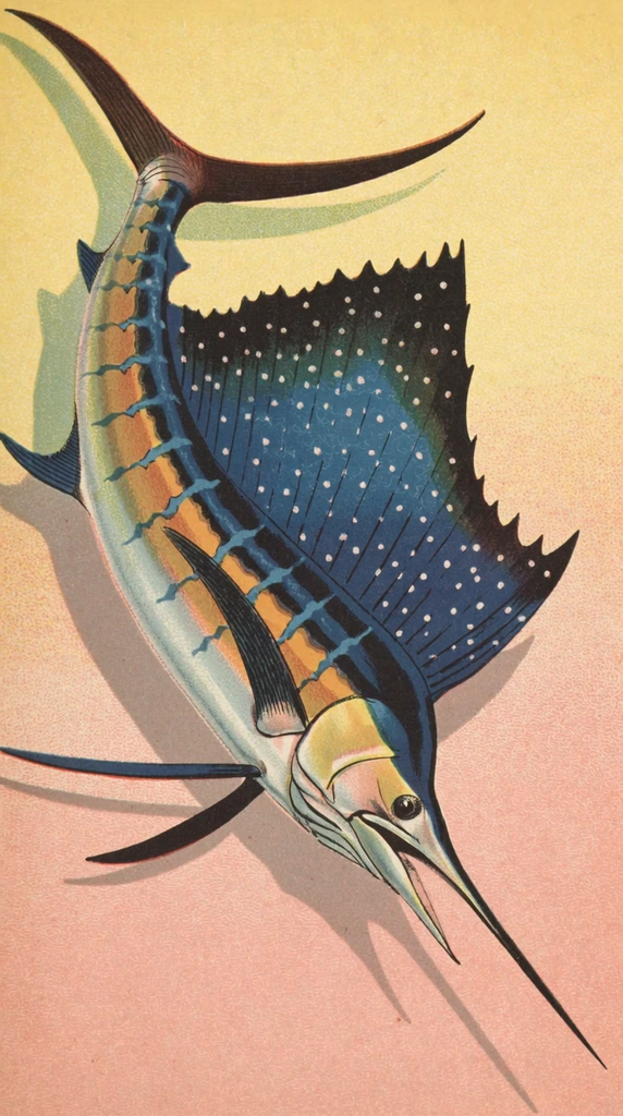 vintage lithograph of a sailfish in profile, large blue spotted dorsal fin, long pointed bill, warm yellow to pink gradient background, cast shadow, paper texture
