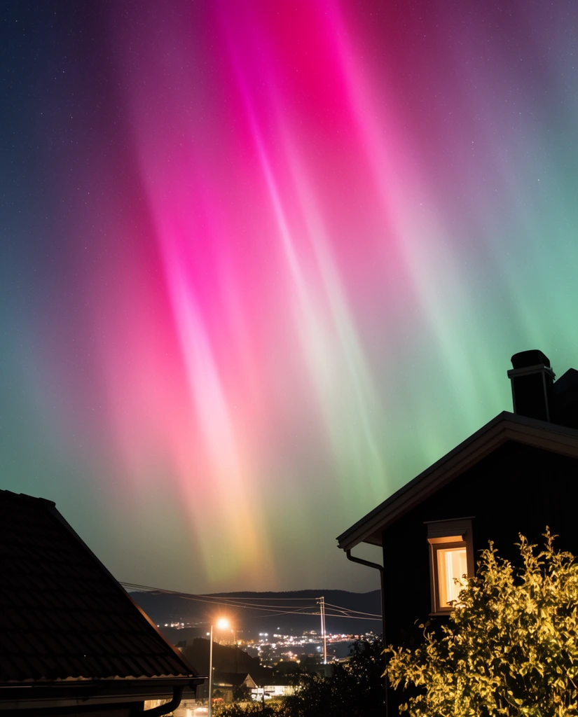 Brilliant vertical bands of magenta and pink aurora borealis fade into pale green across a starry night sky. Dark silhouettes of residential rooftops frame the lower foreground. A shadowed roof sits left, while a dark house on the right features a warmly glowing window behind an illuminated bush. Distant town lights, a glowing streetlamp, and power lines span the horizon against dark hills. Night photography with a low upward angle.