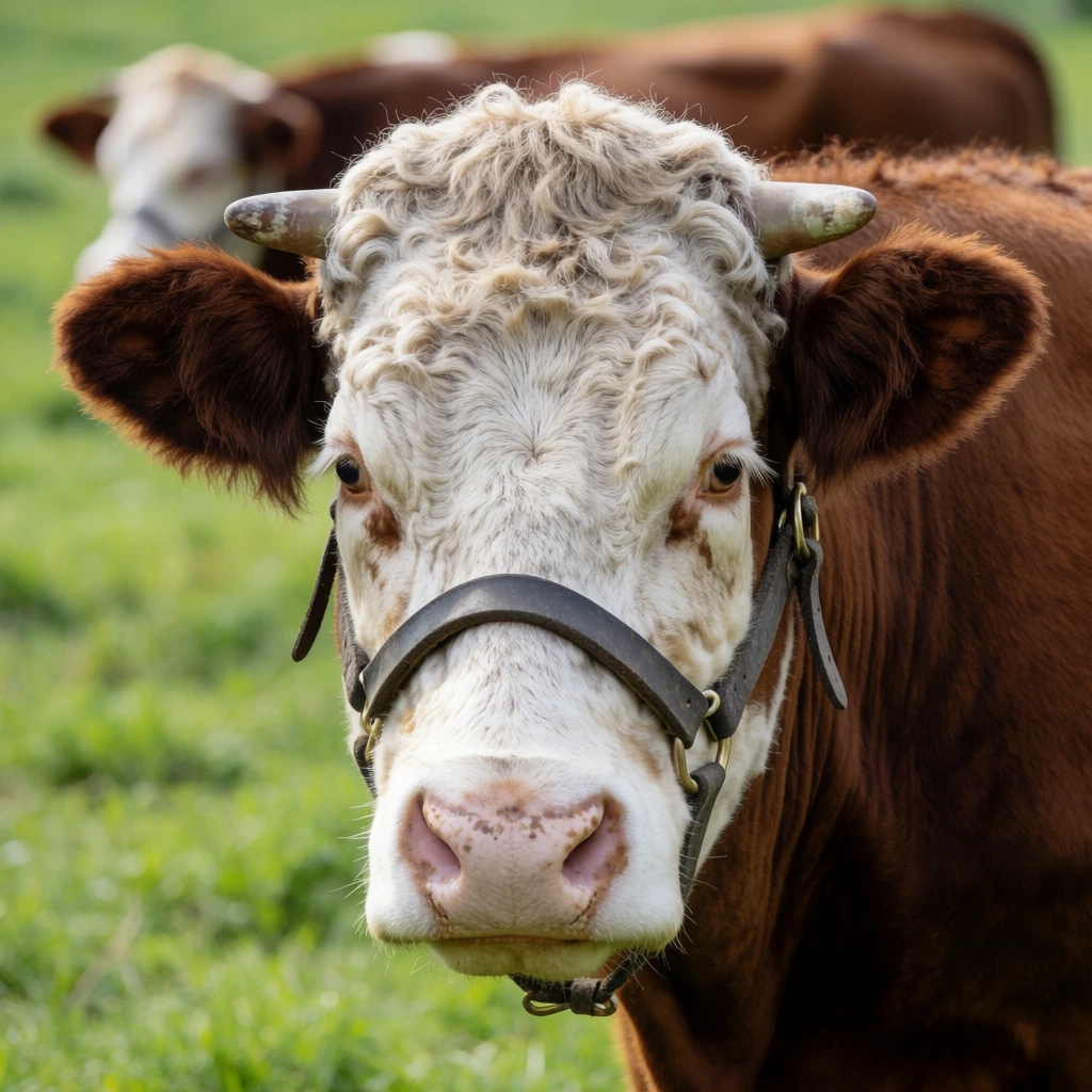 Close-up portrait of a rustic cow, reddish-brown coat,... | Krea