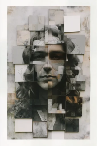 Fragmented Monochrome Surrealism style reference image — cubist grid distortion