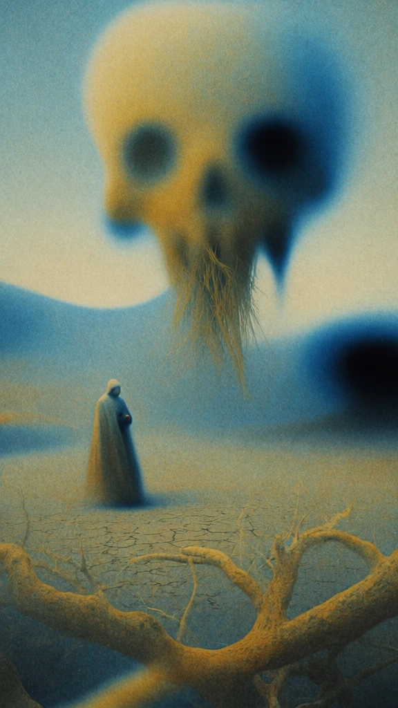 heavy film grain, stippled texture, ethereal soft-focus, palette of dusty cerulean, ochre, and muted charcoal, a massive floating skull with fibrous tendrils drifting in a hazy sky, a solitary cloaked figure standing on cracked barren earth, gnarled dead branches in the foreground, haunting neo-pictorialist atmosphere, diffused lighting, painterly blur, high-signal tactile quality, surrealist dreamlike composition, muted values, vintage analog aesthetic