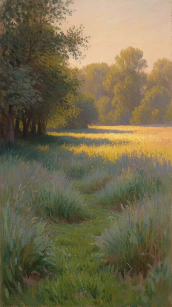 An impressionist landscape painting captures a sun-drenched grassy field bordering a dense, shaded treeline under a soft, warm sky. In the foreground, a path of short, bright green grass winds through taller, unkempt meadow grass characterized by thick strokes of muted green, blue, and subtle lavender. To the left, a large grove of trees with dark, dense foliage stands in deep shadow, its base meeting the shaded edge of the meadow. In the middle ground, a horizontal band of brilliant golden-yellow sunlight illuminates the field, highlighting the tops of the grasses and creating a stark contrast with the shadows. Behind this sunlit area, a line of deciduous trees stretches across the horizon, rendered in hazy, soft-focus tones of golden-green and ochre. The sky above is a pale, warm peach color, suggesting the light of early morning or late afternoon. The entire scene is executed with visible, painterly brushstrokes that create a sense of texture and movement in the foliage and swaying grass. The perspective is at a low eye-level within the field, and the lighting is directional, coming from the upper right to cast long, soft shadows toward the left.
