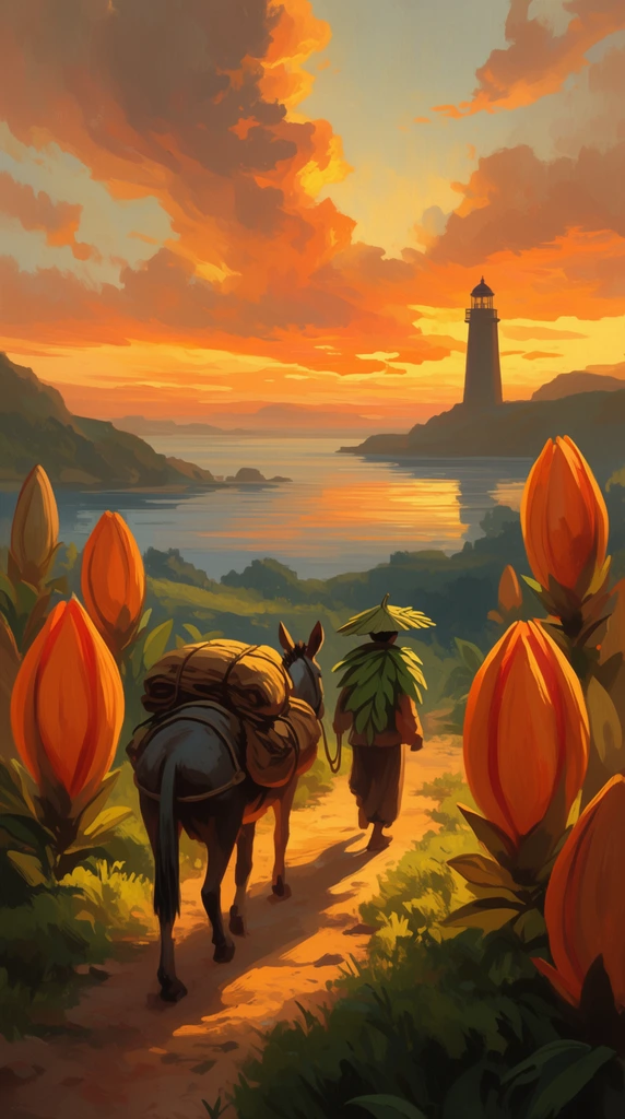 A traveler in a leaf hat leads a loaded pack mule down a dirt path flanked by giant closed orange floral pods. Bathed in golden hour light, the painterly landscape descends toward a calm bay and a distant lighthouse silhouetted against a dramatic sunset sky.