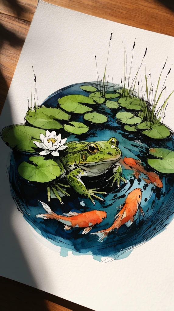ink and watercolor illustration of a green frog in a circular dark blue pond, top-down perspective, flat green lily pads, single white blooming water lily, thin reeds, orange koi fish submerged in water, loose expressive black ink linework, delicate cross-hatching, vibrant watercolor washes, painted on textured white paper, strong natural sunlight casting a heavy shadow on the left side, wooden surface background