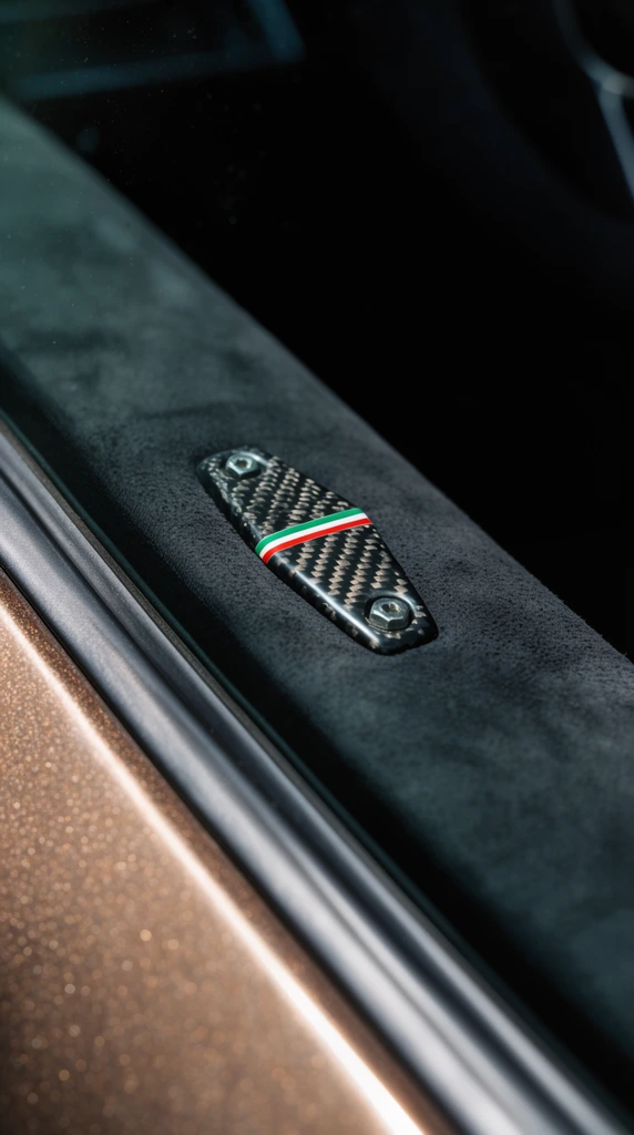 A macro shot through tinted glass revealing a small hexagonal carbon fiber plaque bolted to dark grey suede. The plaque features a thin horizontal green, white, and red stripe. A blurred metallic bronze panel and black rubber window seal anchor the lower left foreground. Deep shadows obscure the upper right background. High-contrast lighting highlights the woven carbon fiber and soft suede textures.