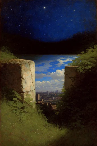 Celestial Dualistic Surrealism style reference image — classical oil painting texture