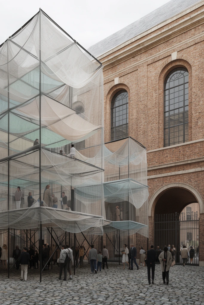 A multi-tiered netted architectural installation stands in a cobblestone courtyard against a historic brick building. The modern structure features black metal scaffolding draped with translucent, layered canopies, holding people inside its suspended levels. Pedestrians mill around the installation's base. Behind it, a classic brick facade with tall arched windows and a large archway with iron gates encloses the space. Soft overcast daylight illuminates the realistic architectural rendering, highlighting the contrast between airy netting and classical masonry.