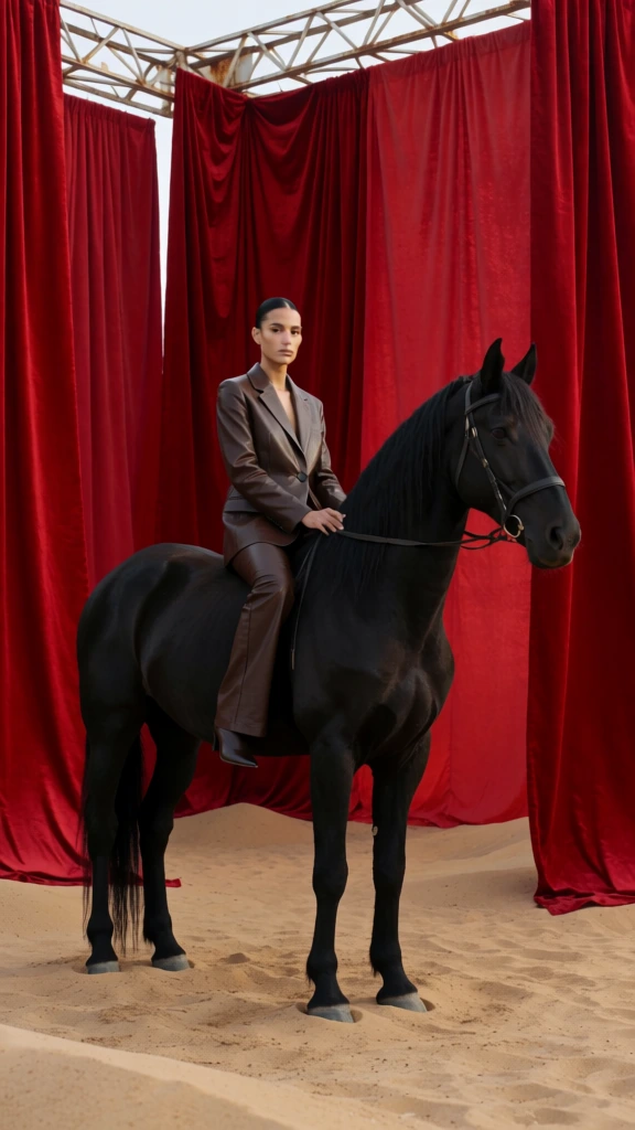 A woman in a dark brown leather suit sits atop a solid black horse in a surreal desert landscape contained within an industrial structure and framed by heavy red curtains. The woman, with her dark hair pulled back into a sleek bun, wears a tailored leather blazer and matching trousers while maintaining a poised, neutral expression. She holds the thin black reins of the large horse, which stands stationary on light beige sand dunes with its long mane and tail hanging down. Heavy, crimson velvet curtains hang from the ceiling in the foreground and midground, draped and tied with thin ropes to create a frame around the central figures. The floor is covered in undulating sand that shows fine grain textures and ripples. In the background, the scene transitions into a dark, cloudy sky where a crescent moon is visible on the right side. Structural elements of a large building, including concrete pillars and ceiling rafters, are visible behind the hanging fabrics. The lighting is dramatic and directional, casting a sharp shadow of the horse onto the sand and creating highlights on the woman's leather outfit and the horse's sleek coat. The color palette consists of deep reds, dark browns, and black against the neutral tones of the sand and the moody grey of the sky. The composition employs a theatrical frame-within-a-frame technique, focusing all attention on the central subject in a high-fashion, surrealist style.