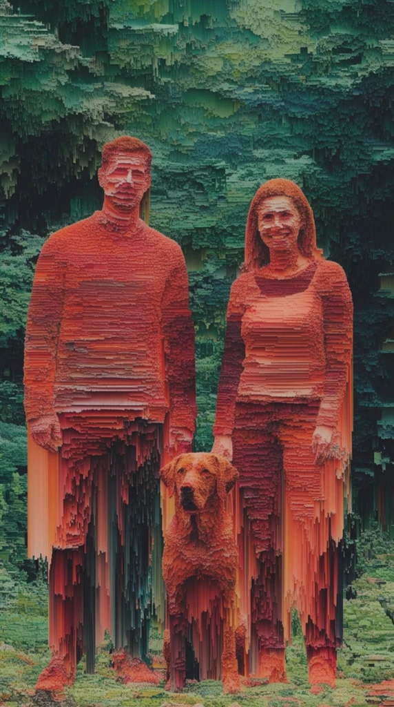 A man, a woman, and a dog stand together, entirely rendered in a striking 3D topographical pixel-sorting aesthetic where their forms melt vertically into the surrounding environment. The three figures are constructed from densely stacked, granular horizontal striations in vibrant shades of terracotta, burnt orange, and crimson, creating stepped, voxel-like contours across their bodies and faces. From the lower edges of their clothing, limbs, and the dog's torso, intense downward-stretching digital artifacts cascade toward the ground, forming jagged, rigid vertical curtains of bleeding color. They are positioned against a heavily digitized background composed of deep emerald, sage, and dark forest-green geometric formations that resemble a densely packed, pixelated woodland canopy. Severe data-moshing techniques fracture the scene, turning organic subjects into rigid, terraced digital structures. Dimensional, high-contrast lighting casts deep shadows within the topographical ridges, emphasizing the rough, 3D-printed texture of the subjects and the aggressive complementary color palette of warm, luminous rust tones clashing against cool, shadowed greens.