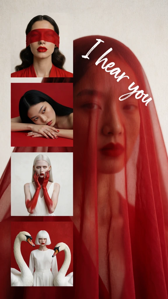 A vertical artistic collage features a central large figure partially obscured by a red veil alongside a vertical stack of four smaller fashion-style photographs. The right side of the composition is dominated by a large, translucent red fabric that drapes over a person's face, creating a soft, blurred silhouette with visible eyes and red lips. Diagonally across this red veil in the upper right, the text "I hear you" is written in a white, expressive handwritten script. On the left, four square panels are arranged vertically against a textured off-white background. The top panel depicts a woman with dark wavy hair and a red strip of fabric covering her eyes, wearing bright red lipstick and a red garment. Below it, a woman with long black hair and red-painted nails rests her head on her arms against a solid red background. The third panel shows a woman with long platinum blonde hair and pale skin wearing a white dress, with her hands and forearms covered in deep red pigment as she touches her face. The bottom panel displays a woman with a white bob hairstyle wearing a white outfit, standing between two large white swans with black and red beak details against a red backdrop. The overall aesthetic is minimalist and high-fashion, utilizing a consistent color palette of deep red, stark white, and cream tones with soft, diffused lighting throughout.