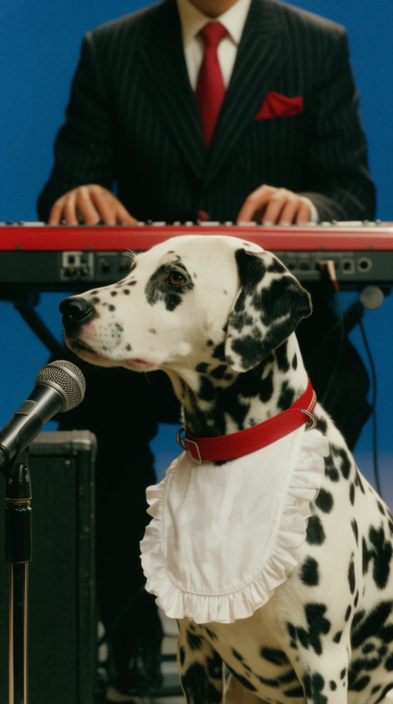 Dalmatian in profile wearing red collar and white ruffled bib sitting before a microphone, background musician playing a red electronic keyboard, musician in dark pinstripe suit with red tie and pocket square, black speaker cabinet left, flat blue background, cinematic composition, vintage film grain, shallow depth of field