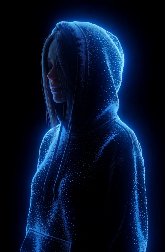 A woman wears a hooded garment defined by thousands of glowing blue dots against a pitch-black background. Facing toward the left in a three-quarter profile, the woman’s face remains largely in deep shadow, with a soft blue rim light tracing the bridge of her nose, the curve of her cheek, and the line of her chin. Strands of straight, shoulder-length hair fall on the left side of her face, catching the blue light. The hoodie she wears is constructed from a dense constellation of tiny, luminous blue points that create a sparkling stardust effect along the edges of the hood and shoulders. These glowing dots are most concentrated at the borders and thin out across the surface of the fabric, while the rest of her torso is rendered in dark tones with subtle blue highlights indicating the folds of the material. The entire figure is set against a void-like, solid black background, emphasizing the high-contrast, monochromatic blue palette. The composition is a medium close-up shot with a vertical orientation, utilizing a dramatic low-key lighting technique and a digital stippling artistic style to create an ethereal atmosphere.