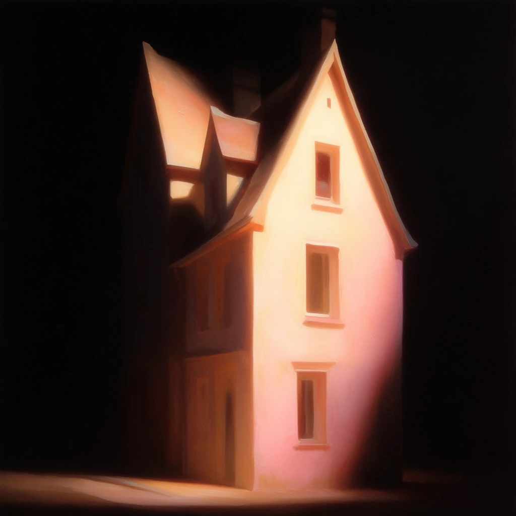 A narrow three-story tall house with multiple gabled roof sections bathed in warm, dramatic chiaroscuro lighting against a pitch-black background. The architectural structure features steep, peaked roofs and a slender facade illuminated by an intense, theatrical spotlight, casting the building in luminous hues of peach, creamy apricot, and soft blush pink. Deep, velvety shadows swallow the shaded portions of the architecture, creating a stark tenebrism effect. The composition completely isolates the brilliantly lit house within a dark void. The visual execution resembles a classical academic oil painting, characterized by smooth gradients, softly blended edges, and a glowing, ethereal luminosity that highlights the textural details of the warm, brightly lit surfaces against the heavy surrounding darkness.