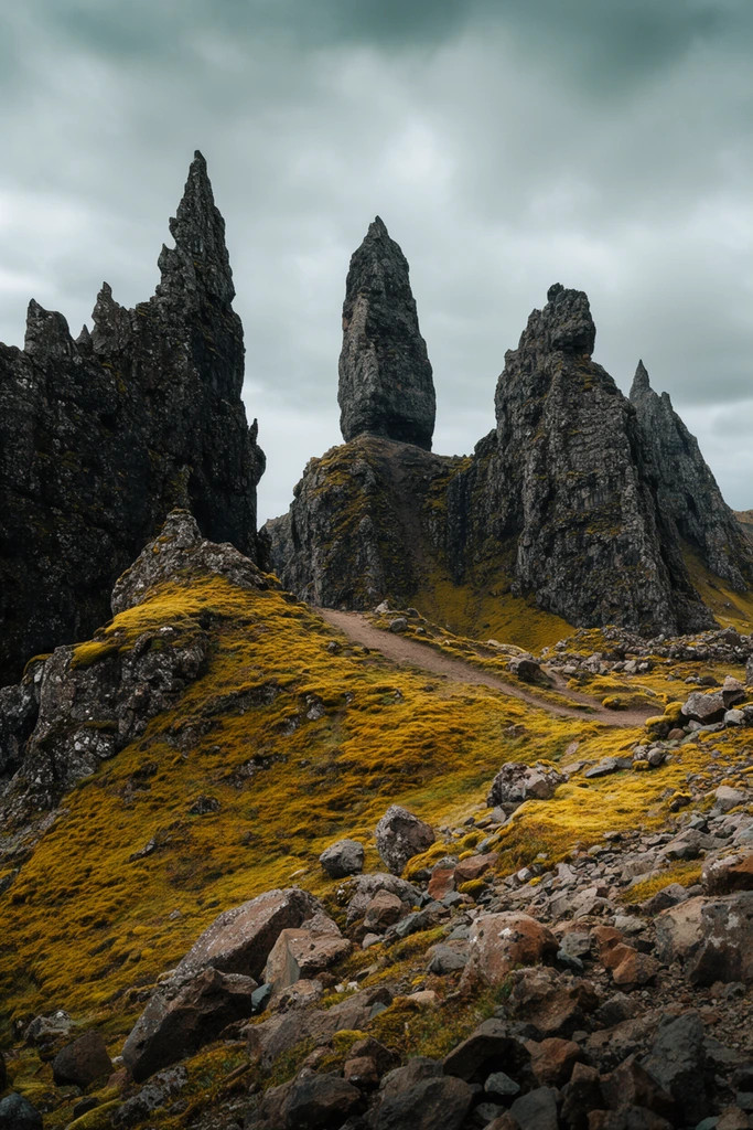 Towering, jagged rock pinnacles rise sharply from a rugged landscape under a moody, overcast sky. A prominent, weathered dark basalt spire stands centrally, flanked by massive, craggy rock faces with sharp peaks. Vibrant golden-yellow and olive-green moss coats the undulating hillside, contrasting with the stark grey and black tones of the ancient stone. A winding dirt path trails from the rocky foreground up the steep slope toward the base of the central spire, bordered by scattered boulders and loose scree. The wide-angle cinematic landscape photography features a deep depth of field, emphasizing the monumental scale and earthy textures of the wild mountainous terrain bathed in diffused natural light.