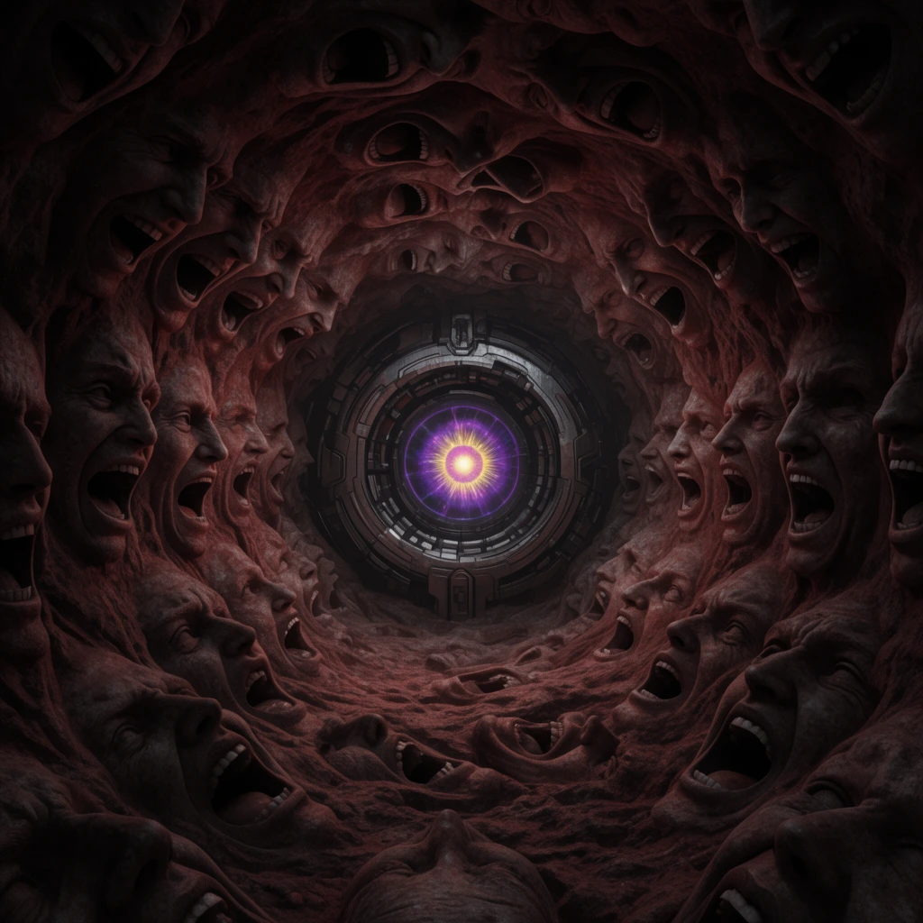 claustrophobic tunnel formed by intertwined screaming faces in dark reddish-brown stone, deep perspective leading to a distant focal point, macabre walls covered in agonizing human expressions, sci-fi metallic circular portal at the tunnel end, mechanical iris structure containing a glowing purple and yellow energy core, heavy shadows, dark fantasy horror aesthetic