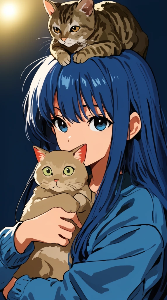anime girl with long blue hair, holding a light brown cat, tabby cat resting on her head, blue jacket, glowing top-left light, cel-shaded illustration
