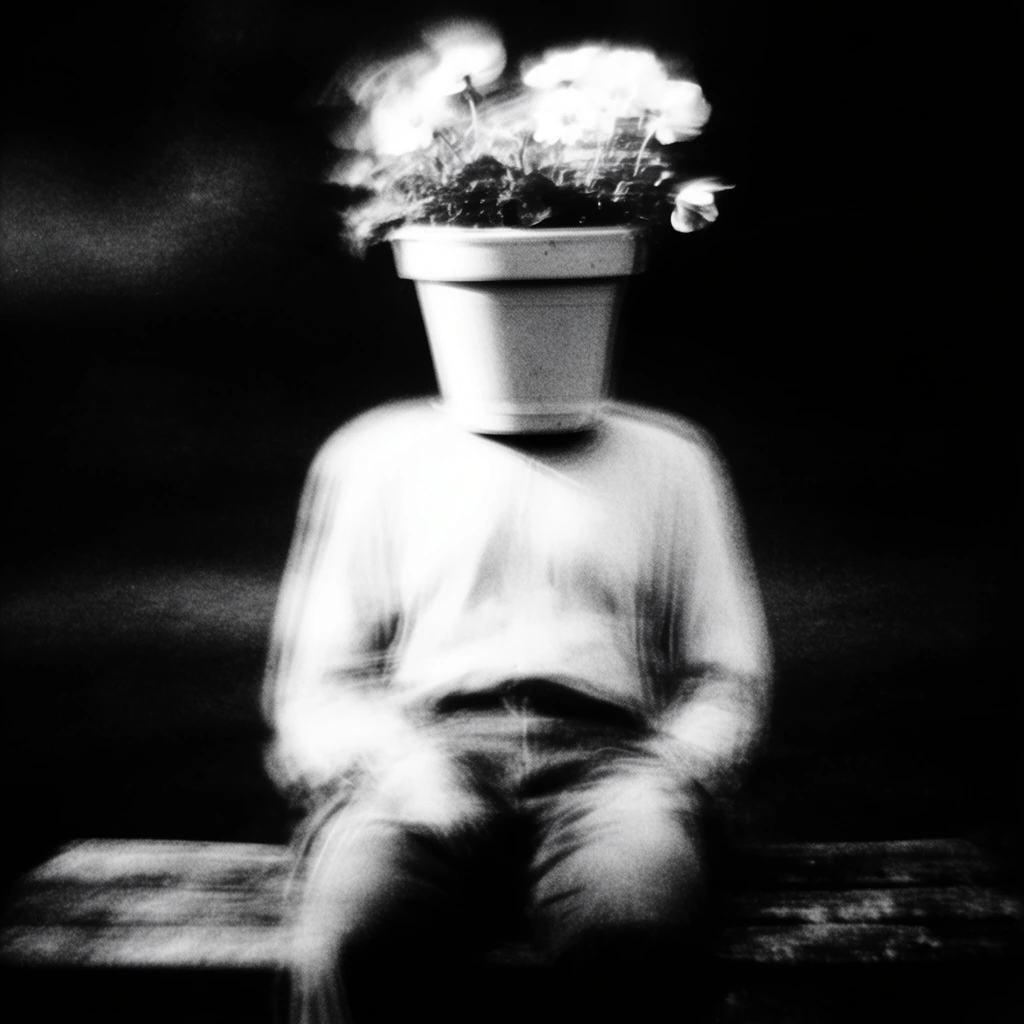 A flower pot resting squarely on the shoulders of a seated headless body on a bench, rendered in extreme high-contrast black-and-white photography. The flower pot and the upper torso of the figure are illuminated by intense, blown-out white highlights that aggressively bloom and smear into a pitch-black background. Heavy motion blur, soft focus, and severe optical distortion dissolve the edges of the pot and the figure's clothing, creating a ghostly, sweeping, and ethereal effect. The bench and the lower body merge into deep shadows, appearing only as a dark, heavily grainy horizontal surface at the bottom edge of the frame. The composition is defined by thick film grain, stark chiaroscuro, and a moody, degraded, surrealist aesthetic reminiscent of long-exposure vintage darkroom manipulation.