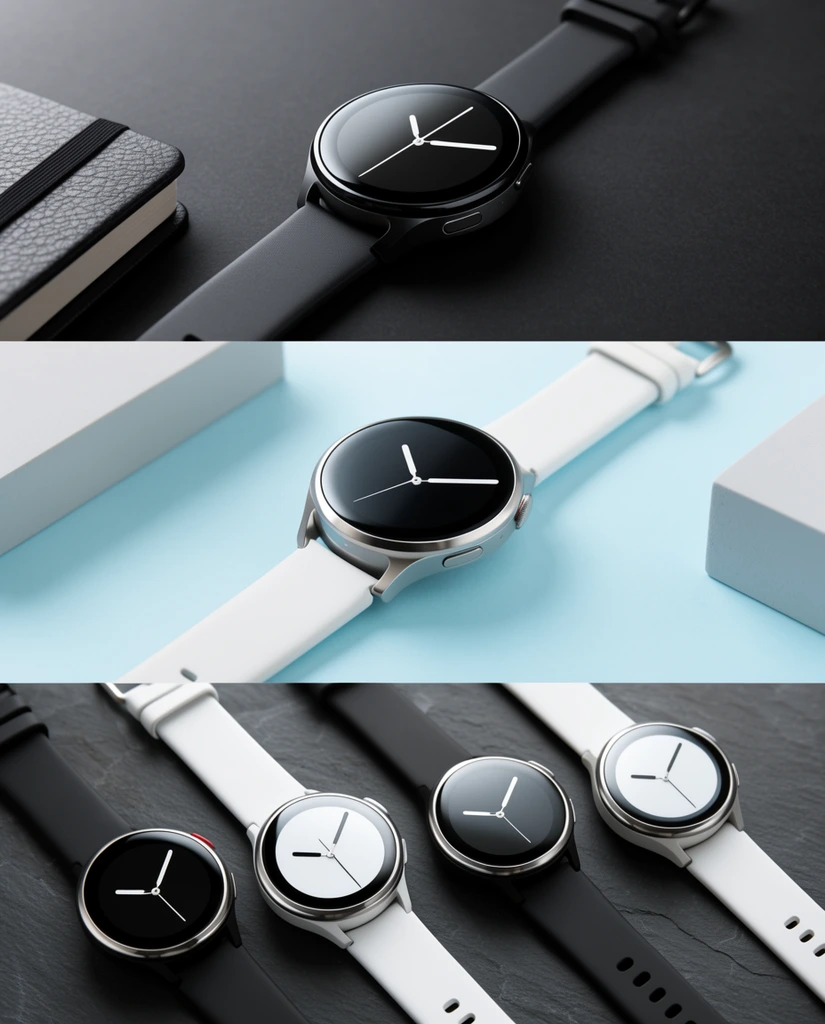 vertical triptych of smartwatches, top panel shows a black watch with dark strap on charcoal surface near a textured notebook, middle panel features a silver watch with white strap on pastel blue surface beside geometric props, bottom panel displays four alternating black and white watches diagonally on slate background, high-end product photography, studio lighting, shallow depth of field, minimalist aesthetic, metallic bezels, reflective faces