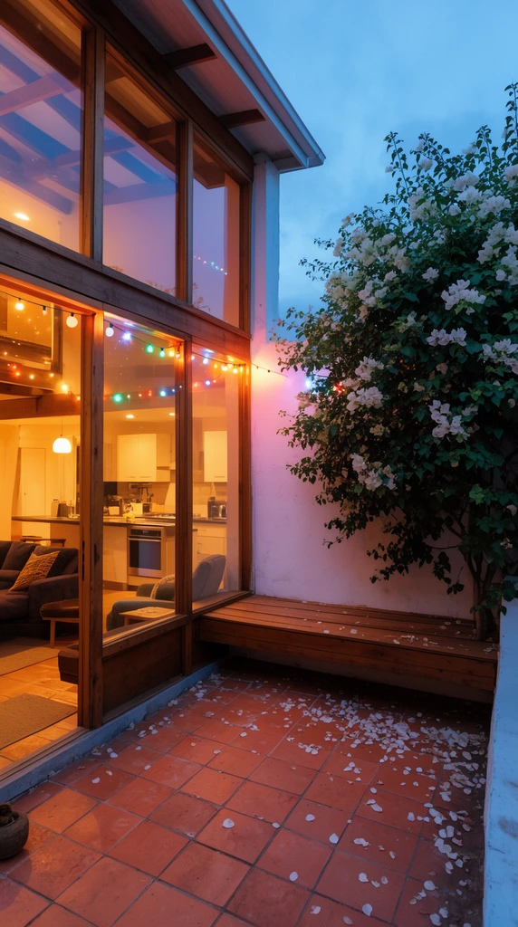 twilight courtyard, warm interior glowing through large wood-framed glass walls, terracotta tiled patio with scattered white petals, lush flowering bush against a white wall, built-in wooden bench, colorful string lights, visible modern kitchen and living space, cool evening light contrasting with warm indoor illumination, architectural photography