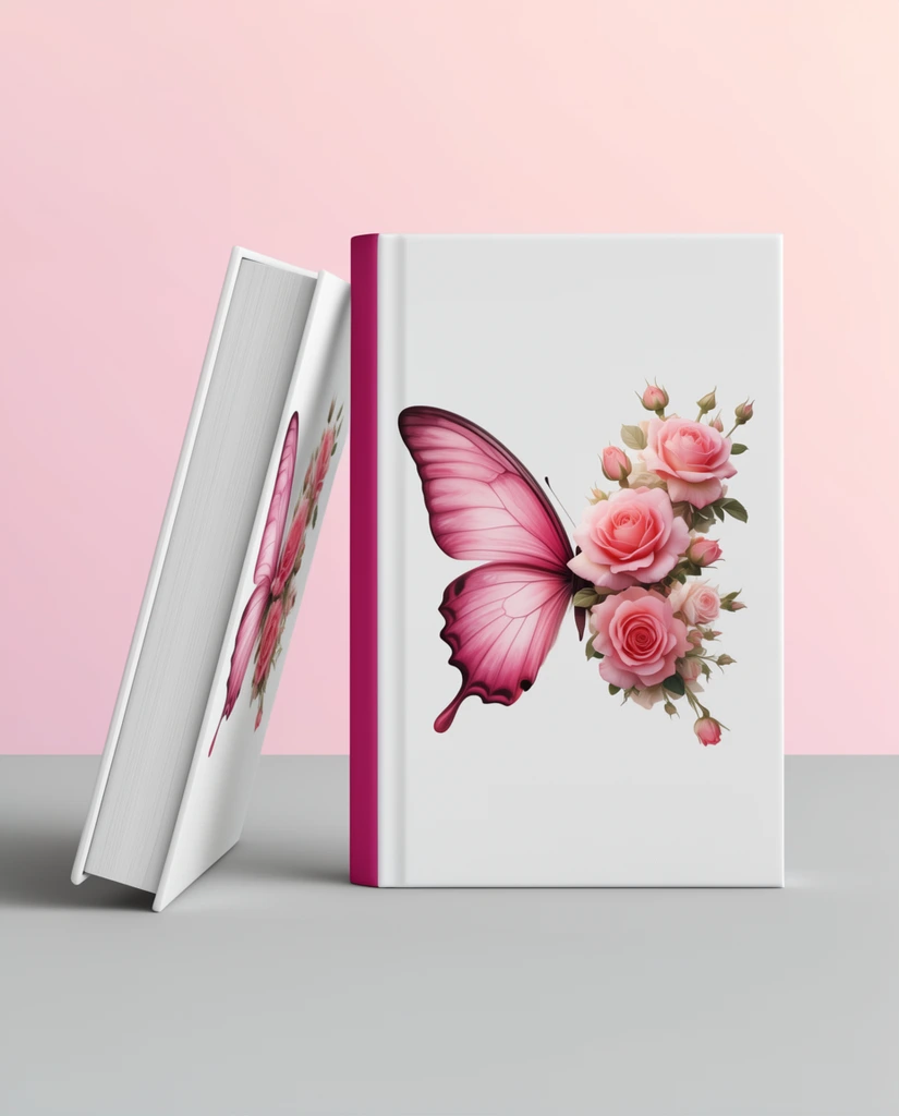 two white hardcover books, studio product mockup, cover illustration of a pink butterfly wing merged with pink roses, one upright book with a solid magenta spine, one angled leaning book, smooth flat grey surface, soft pastel pink gradient background, clean diffused lighting, photorealistic