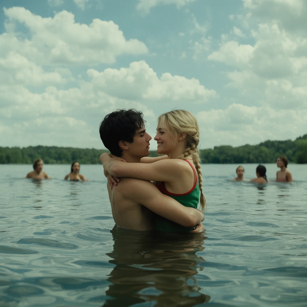 A young man and woman embrace waist-deep in a lake under a cloudy blue sky. The dark-haired man holds the blonde woman, who wears a green and red top and has her hair in braids. She smiles, wrapping her arms around his neck. In the blurred background, other people swim near a distant shoreline of green trees. The cinematic wide shot features natural daylight and a desaturated film aesthetic.