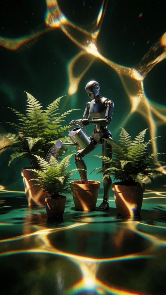 a sleek articulated robot watering three lush ferns in terracotta pots with a metal watering can, standing with one mechanical leg inside a fourth empty pot, the scene submerged in a deep emerald void, shrouded in high-contrast golden caustics, amber refractive light patterns dancing across every surface, heavy analog film grain, ethereal liquid atmosphere, subtle chromatic aberration on highlight edges, dark moody chiaroscuro, organic shimmering light networks.