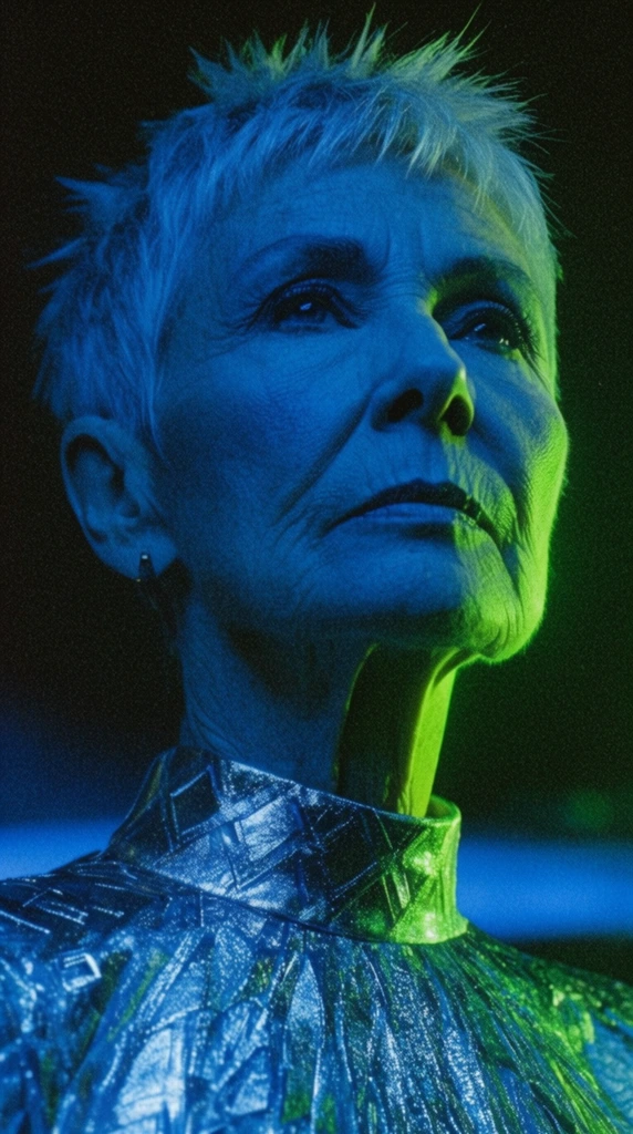 A low-angle close-up portrait of an elderly woman with sharp, weathered features, illuminated by intense, cinematic split lighting. Saturated neon blue light bathes the left side and center of her face, while a vibrant acidic green rim light sharply defines her right jawline and neck. She has a short, spiky silver pixie cut and wears a high-collared metallic silver dress with geometric textures. Her stoic gaze is directed upwards to the right. The background is pitch black with a faint, blurred horizontal streak of blue light. The composition has a gritty, high-contrast aesthetic with heavy film grain and a dramatic, moody atmosphere.