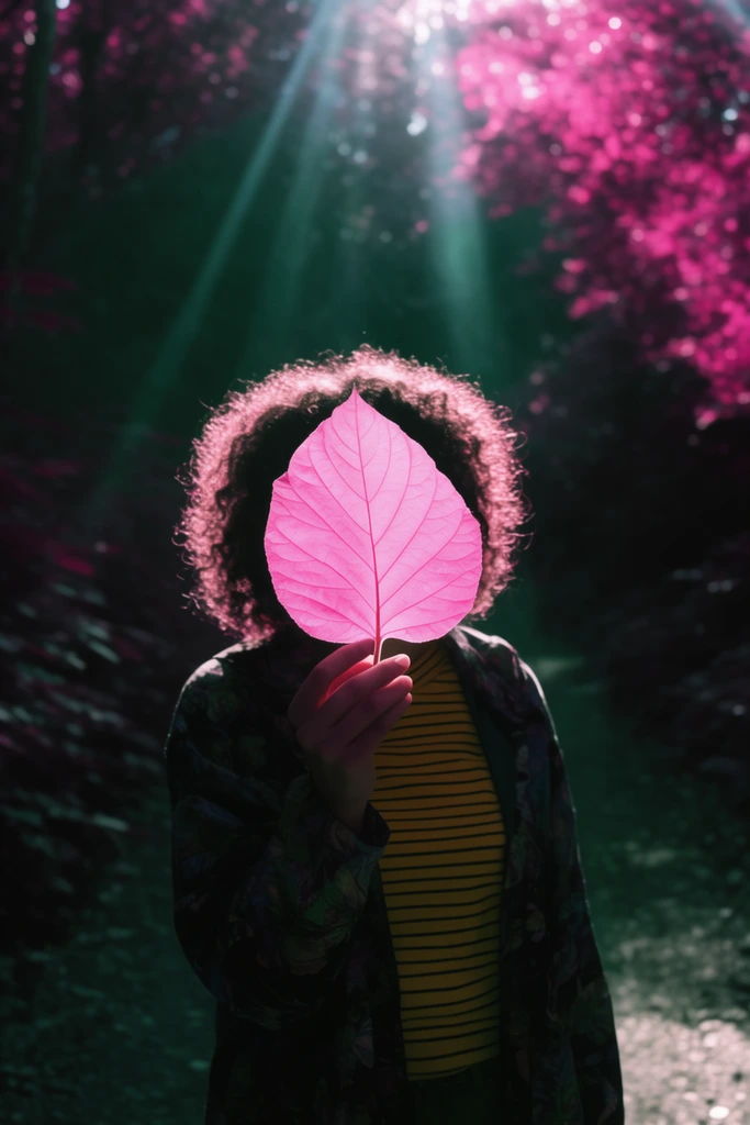 A person holds a large luminous pink leaf covering their face in a shadowed forest. Backlit curly hair glows above a yellow striped shirt and dark patterned jacket. A dark woodland path is pierced by bright sunlight shafts. The scene uses a surreal infrared-style color palette, contrasting vibrant magenta foliage with deep green shadows in a shallow depth of field.