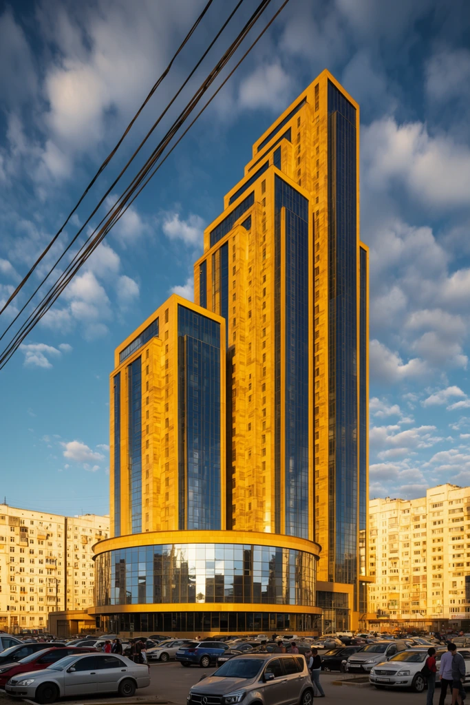 massive modern architectural complex, stepped rectangular towers, bright golden-yellow cladding, dark blue reflective glass facades, protruding semi-circular glass base reflecting surroundings, foreground parking lot with various cars and scattered pedestrians, prominent diagonal power lines in upper left, older pale residential buildings flanking the background, vibrant blue sky with fluffy white clouds, warm golden hour sunlight, wide-angle architectural photography