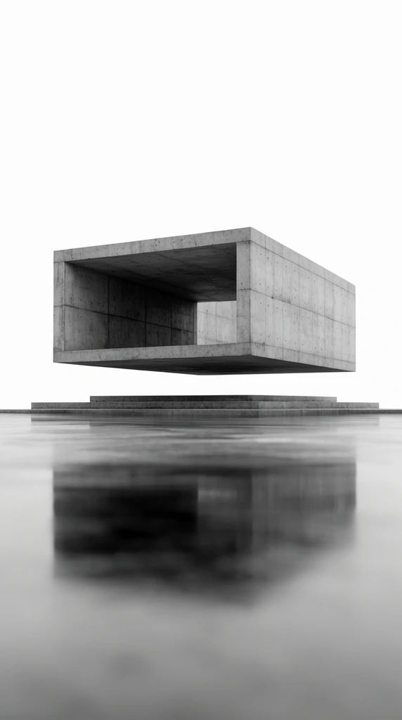 A minimalist concrete rectangular structure floats mid-air against a stark white void. The open-front brutalist room hovers over a low stepped plinth. A dark, glassy foreground surface casts a blurred reflection of the floating architecture in a surreal black and white composition.