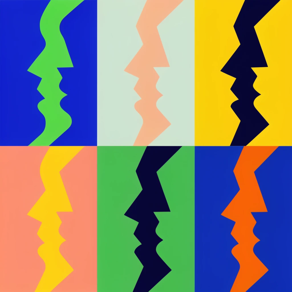 six-panel graphic grid, two-by-three layout, minimalist flat vector illustration, two stylized abstract profile faces facing each other, one face featuring fluid curved silhouettes, opposing face composed of sharp geometric polygons, high contrast pop art aesthetic, diverse vibrant colorways across panels including vivid blue with neon green, pale mint with peach, bright yellow with navy, soft coral with yellow, bright green with navy, deep blue with orange, clean sharp edges, solid color blocking