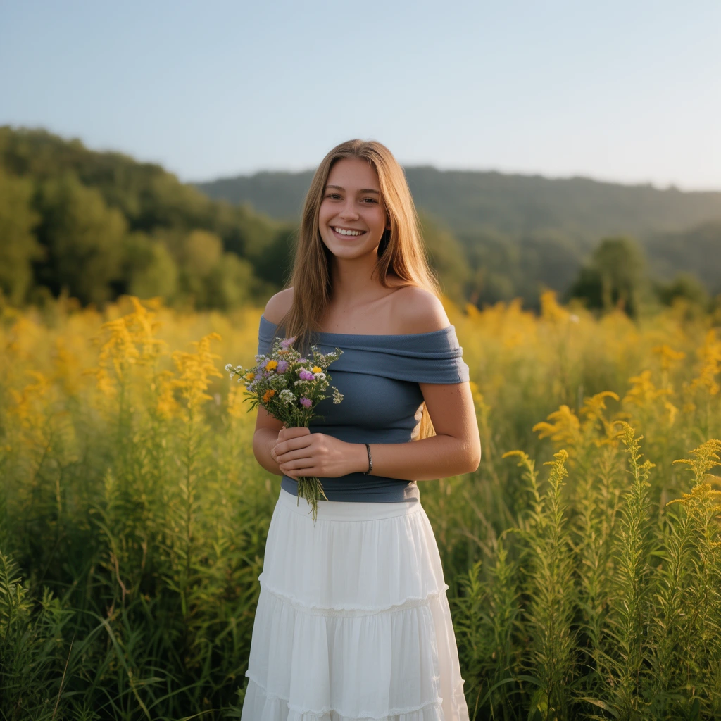 smiling young woman, long light brown hair, off-the-shoulder slate-blue top, tiered white skirt, holding a small wildflower bouquet, standing in a meadow of tall green grass and yellow goldenrod, softly blurred forested hills, clear pale blue sky, warm golden hour lighting, sharp subject with soft bokeh, natural outdoor portrait photography