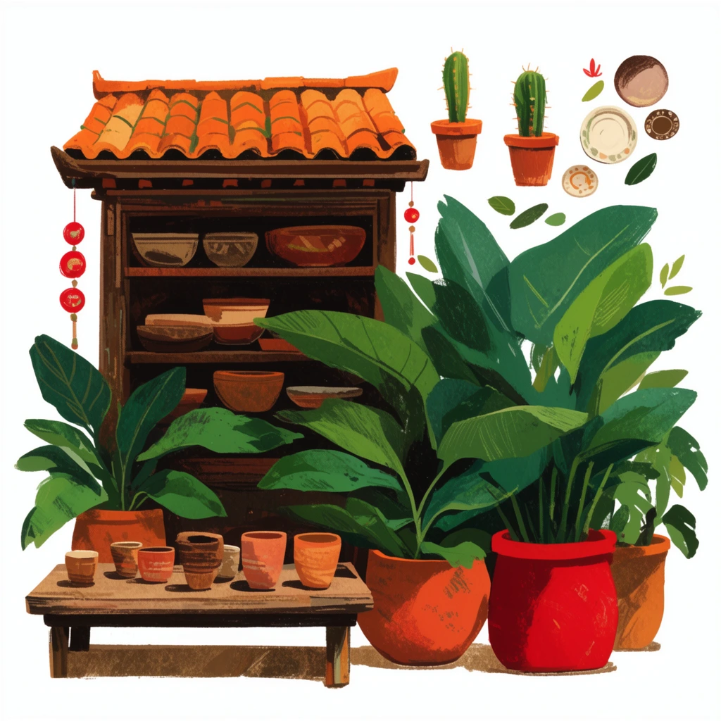 Lush green potted plants and rustic ceramics arranged in a textured digital illustration against a solid white background. Large broad-leafed plants in terracotta and red pots anchor the scene next to a low wooden table displaying earthenware cups. A traditional wooden cabinet with an orange-tiled roof holds various bowls behind the foliage. Floating above are miniature potted cacti, hanging red ornaments, loose leaves, and small plates. The artwork features flat colors, visible brush strokes, and a warm earthy palette of vibrant red, deep green, and brown.