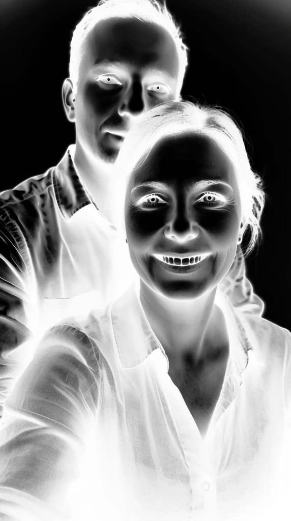 A smiling woman with a man positioned behind her, rendered as a high-contrast black-and-white photographic negative. The figures are set against a solid, pitch-black background, appearing as luminous, glowing white and soft gray forms. The inverted tonality creates a striking radiographic and solarized aesthetic, mapping deep black to the natural highlights and brilliant white to the natural shadows. The woman's smiling facial features and the man's form in the background are defined by sharp, glowing outlines and translucent grayscale gradients. Intense, inverted chiaroscuro produces an illuminated, diaphanous texture across their skin, hair, and clothing, emphasizing the glowing contrast of the subjects against the stark, dark void.