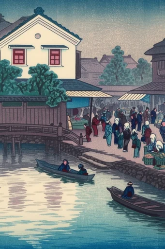 Ethereal Indigo Woodblock style reference image — shin-hanga style