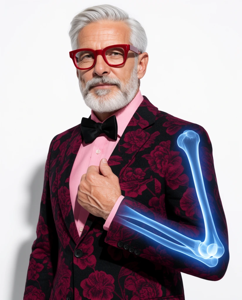 A distinguished older man with silver hair and a neat beard poses confidently against a stark white background casting a soft shadow. He wears thick red-framed glasses, a pink shirt, a black bowtie, and a dark blazer with bold maroon floral patterns. His right hand rests near his lapel while a glowing, translucent blue x-ray graphic of a human arm bone and elbow joint is superimposed over his left sleeve. Shot in a crisp studio photography style with high-key lighting, creating a striking visual contrast between high fashion and futuristic medical imaging.