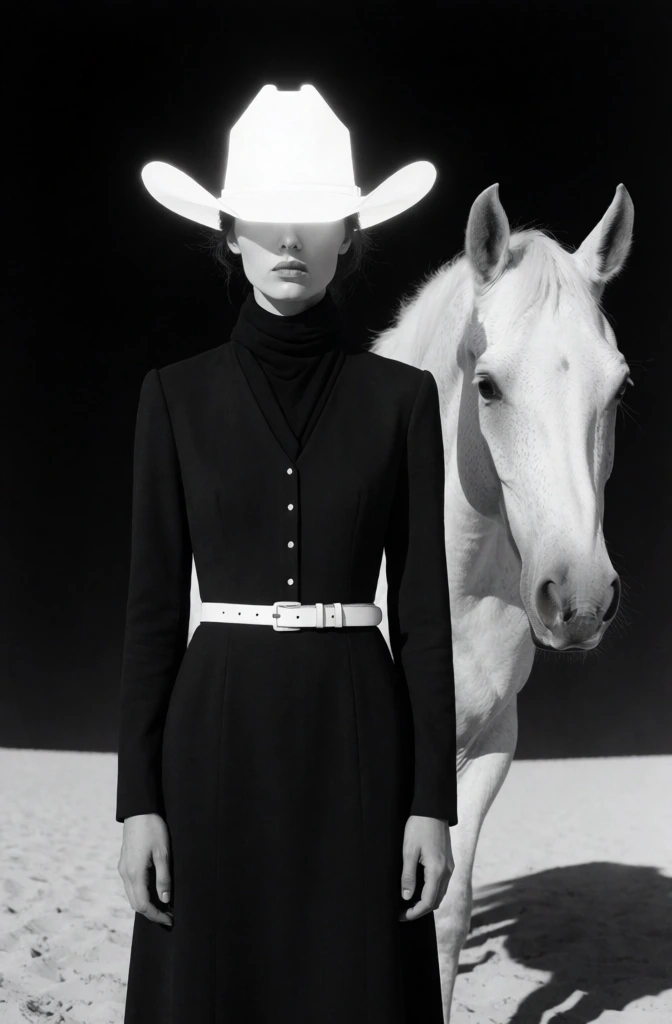 A stark, surreal black-and-white portrait shows a woman dressed in severe black standing in front of a white horse, with a glowing white cowboy hat obscuring her eyes against an almost completely black background. fine art photography, monochrome portrait, surreal fashion editorial, minimalist composition, high-contrast studio-like outdoor lighting, conceptual western, dreamlike, uncanny, elegant, austere, cinematic, graphic, low visual clutter, strong negative space, adjacent to Irving Penn, Tim Walker, Peter Lindbergh, Sarah Moon but sharper and more severe, palette of deep black, chalk white, silvery gray, exposure biased for dramatic highlight separation, crushed shadows, crisp detail in illuminated skin and horse coat, no visible motion blur, no obvious grain, no lens distortion, vertical framing, likely normal-to-short telephoto perspective, polished retouching, luminous highlight bloom on hat brim. In the center foreground stands a slender young woman facing directly forward from about mid-thigh upward, her posture upright and still, arms hanging straight at her sides. She wears a long-sleeved, structured black dress or coat-dress with a high neck layered over a black turtleneck or scarf, the front fastened with a vertical row of small reflective buttons. Around her waist is a narrow white belt with a rectangular buckle, the only bright accent on her clothing. Her face is pale and smooth, with small closed lips slightly parted, a straight nose, and her eyes completely hidden in shadow beneath an oversized bright white cowboy hat. The hat sits centered on her head, its crown tall and angular, brim wide and horizontally stretched, glowing so intensely it appears almost cut out. Wisps of dark hair peek out near her cheeks. Directly behind and slightly to her right, occupying the right half of the image, a white horse stands close beside her, its head lowered slightly and turned forward-left toward the camera. Its ears are upright, mane light and soft, eye dark and calm, muzzle relaxed. The horse’s neck and shoulder descend behind the woman’s right shoulder and torso, creating a strong black-white contrast. The background is an uninterrupted field of black from top to near the bottom, where a pale sandy ground band crosses the frame horizontally. On the lower right, the horse casts a dark, distinct shadow onto the sand. The overall feeling is silent, ceremonial, and otherworldly.