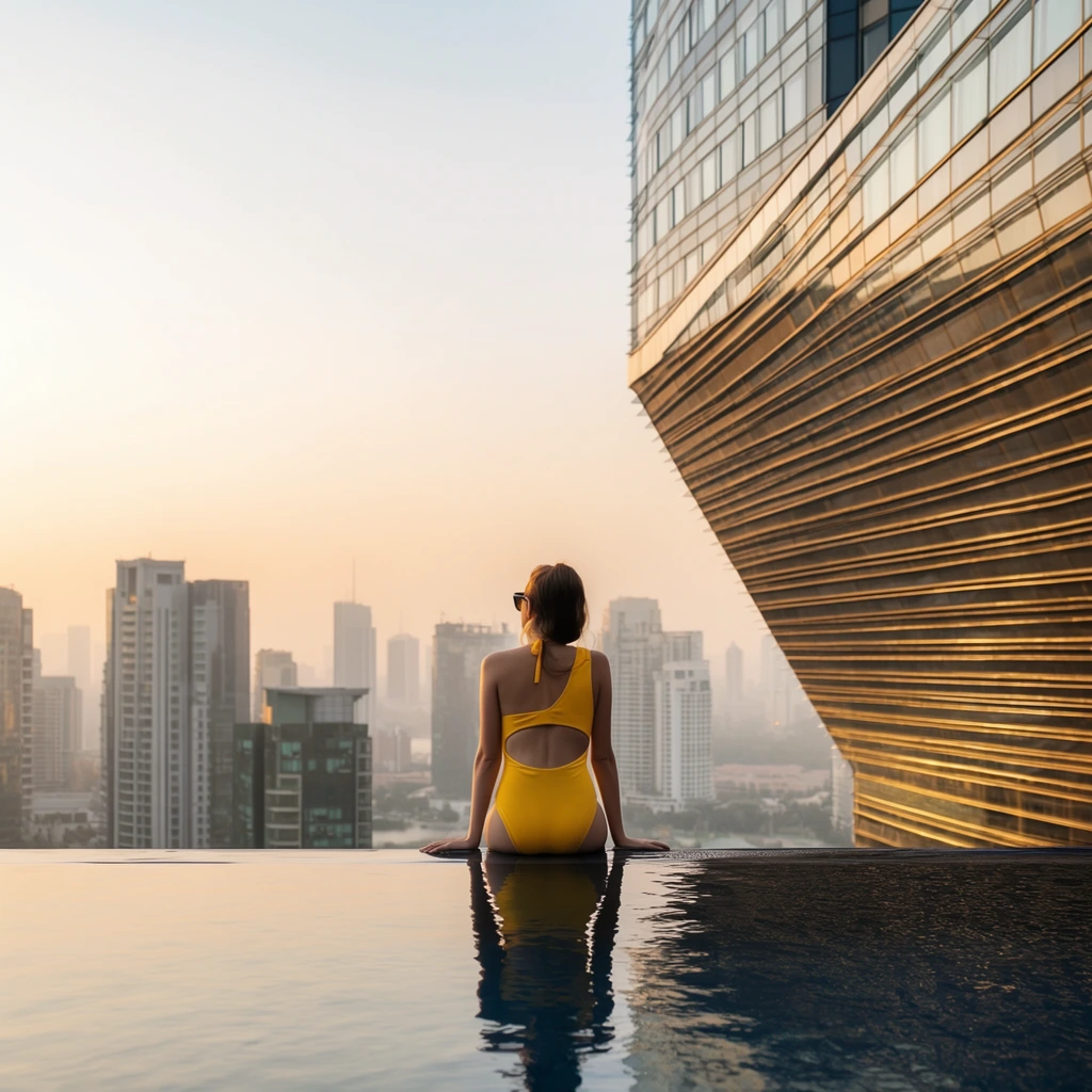 A woman in a vibrant yellow cutout swimsuit sits on the edge of a sleek infinity pool, looking out over a hazy, modern cityscape at golden hour. Viewed from behind, her figure casts a subtle reflection on the calm, dark water spanning the foreground. Immediately to her right, a striking contemporary glass skyscraper features a dramatic, sloping cantilevered facade with pronounced horizontal striations, glowing in the warm sunlight. Beyond the pool's vanishing edge, a dense skyline of varied high-rises fades into a soft, atmospheric mist. Captured with a wide perspective, the luxury travel lifestyle aesthetic contrasts the peaceful, solitary subject against the grand scale of the towering urban architecture under a pale, gradient sunset sky.