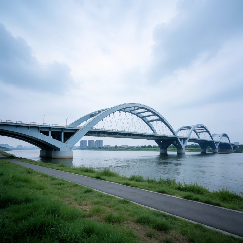 A modern light-grey tied-arch bridge with three sweeping spans crosses a wide river beneath an overcast sky. A paved path lines the grassy foreground bank. Distant city buildings sit on the far shore in this wide-angle, cool-toned landscape photograph.