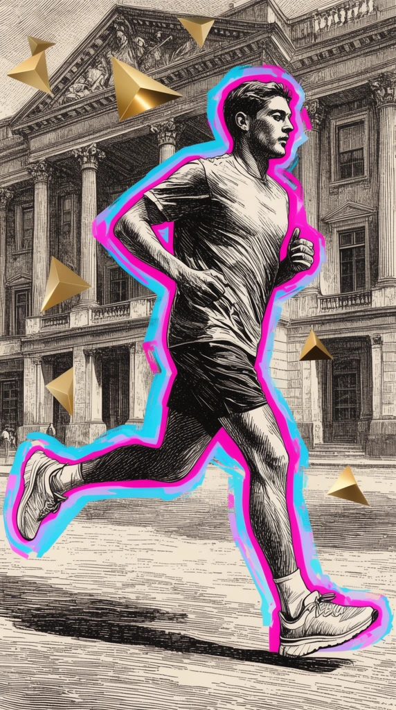 running man in profile, vintage black and white cross-hatched engraving, vibrant neon cyan and magenta aura, classical building background, floating gold triangles, modern neon accents