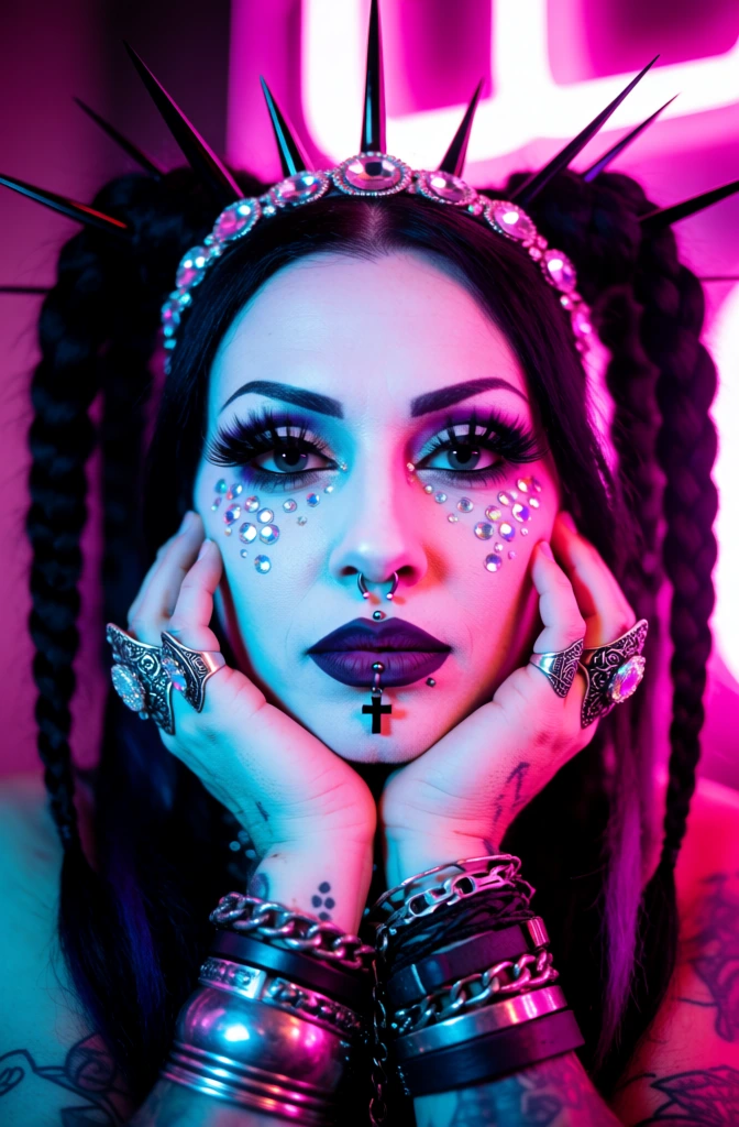 A person with an elaborate alternative aesthetic and heavy makeup gazes directly forward while resting their face on their hands under vibrant pink and blue neon lights. The individual has pale skin and a centered facial expression with a steady, intense look. Their eyes are framed by thick, long black eyelashes and dark eyeliner, with clusters of small, reflective silver rhinestones scattered across the upper cheeks. The lips are painted with a dark purple matte lipstick, and a vertical labret piercing holds a small black cross charm below the lower lip. A silver-toned septum ring is visible in the nose. Their dark hair is styled into high braided pigtails adorned with sharp black spikes of varying lengths, and a silver jewel-encrusted headband with upward-pointing black spikes sits atop the head. The person’s hands cup their jawline, showcasing large ornate silver rings with intricate designs and embedded crystals. The wrists and forearms are layered with numerous bracelets, including wide silver bands, dark leather straps, and metallic chains, over skin marked with small tattoos. The background is softly blurred, consisting of glowing magenta and pink neon lights that form vertical and horizontal shapes. The lighting is dramatic and high-contrast, with a bright cyan light illuminating the left side of the face and a saturated pink light casting a glow on the right side and the hair. The composition is a tight close-up portrait with a shallow depth of field that keeps the facial features in sharp focus while blurring the environment.