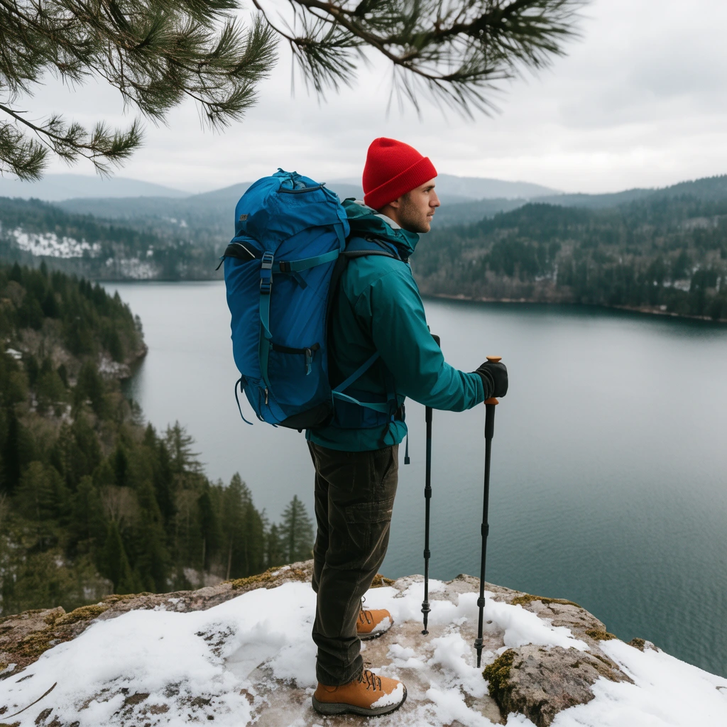 male hiker on snowy cliff edge, teal jacket, red beanie, large blue backpack, trekking poles, overlooking vast lake and forested hills, overcast sky, pine branches, outdoor lifestyle photography