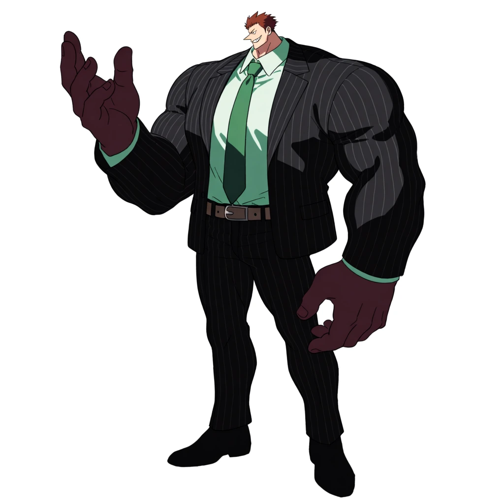 A muscular male anime character with a disproportionately small head and massive hands stands in a black pinstripe suit against a plain white background. The character has an extremely bulky, wide frame with massive shoulders and thick arms. His head is remarkably tiny, featuring spiky reddish-brown hair and a sharp, grinning expression with a pointed nose. He wears a mint green button-up shirt and a matching green necktie tucked under a black pinstripe suit jacket and matching trousers. A brown belt with a metallic buckle cinches his waist, and he wears simple black dress shoes. His hands are colossal and dark maroon, with the right hand gesturing upward in an open palm and the left hand resting at his side with fingers curled. The figure is rendered in a clean, cel-shaded anime style with hard shadows falling across the right side of his body. The composition is a full-body shot, centered on a stark white void, emphasizing the character's exaggerated proportions and dark color palette.