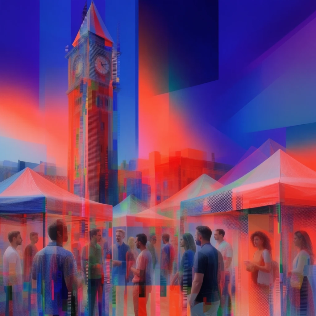 Men and women in a city square stand among a tall clock tower and multiple pitched tents, all rendered as translucent, overlapping spectral layers of digital glitch art. The human figures, the vertical architecture of the clock tower, and the angular tents are constructed from highly saturated, neon red, coral, and vibrant orange gradients, set against fractured geometric planes of deep ultramarine blue and violet. Vertical digital scan lines, halftone dot patterns, and pixelated color bleeds slice through the architectural forms and human silhouettes, creating a multi-exposure aesthetic. The structures and people function as transparent overlays where the background elements remain visible through the foreground subjects. Sharp, rectilinear cuts of digital distortion intersect directly with soft, radiating color blooms. The entire urban environment is illuminated by these self-radiant, synthetic neon color fields blending, intersecting, and bleeding into one another across the fragmented composition.