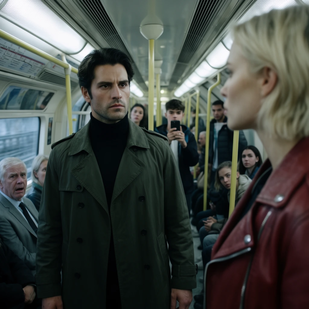 A tense confrontation inside a brightly lit subway car centers on a dark-haired man in an olive green trench coat and black turtleneck standing with a focused expression. He faces the blurred foreground profile of a woman with short blonde hair wearing a red leather biker jacket. The train interior features yellow metallic poles, large windows showing a blurred tunnel, and fluorescent overhead lighting. In the background aisle, passengers react to the standoff, including an anxious older man in a grey suit and a teenager recording the scene with a smartphone. The cinematic composition uses a shallow depth of field, keeping sharp focus on the central man's stoic face against the cool, slightly desaturated urban environment.