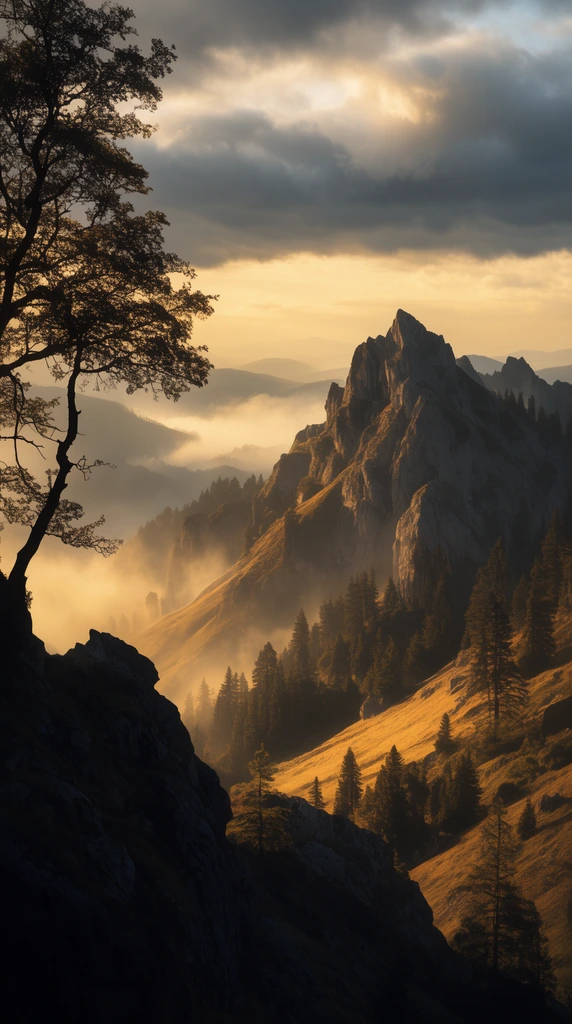 A cinematic mountain landscape at golden hour. A left-foreground silhouetted tree frames rugged ridges and fog-filled valleys. A prominent jagged peak rises midground, its golden slopes dotted with pines. Distant hills fade under dramatic grey and yellow clouds in high-contrast lighting.