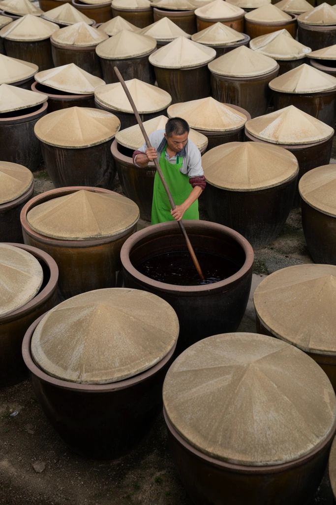 An elevated wide shot of an older man in a bright green apron using a long wooden pole to stir dark liquid inside a massive ceramic vat. He is surrounded by a dense array of large, glazed dark brown fermentation jars resting on a dirt ground. The round vats feature weathered, light tan conical lids, many tilted ajar. The composition emphasizes a striking repetition of circular forms, creating a muted, earthy palette that sharply contrasts with the worker's vibrant apron under diffused natural daylight.