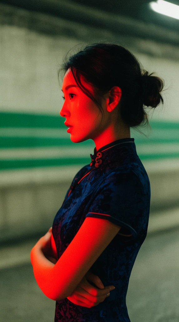 Profile portrait of an Asian woman wearing a dark blue cheongsam, arms crossed, hair in a loose bun, intense neon red light on face and arm, blurred concrete tunnel background with horizontal green stripes, cinematic lighting, shallow depth of field, film grain